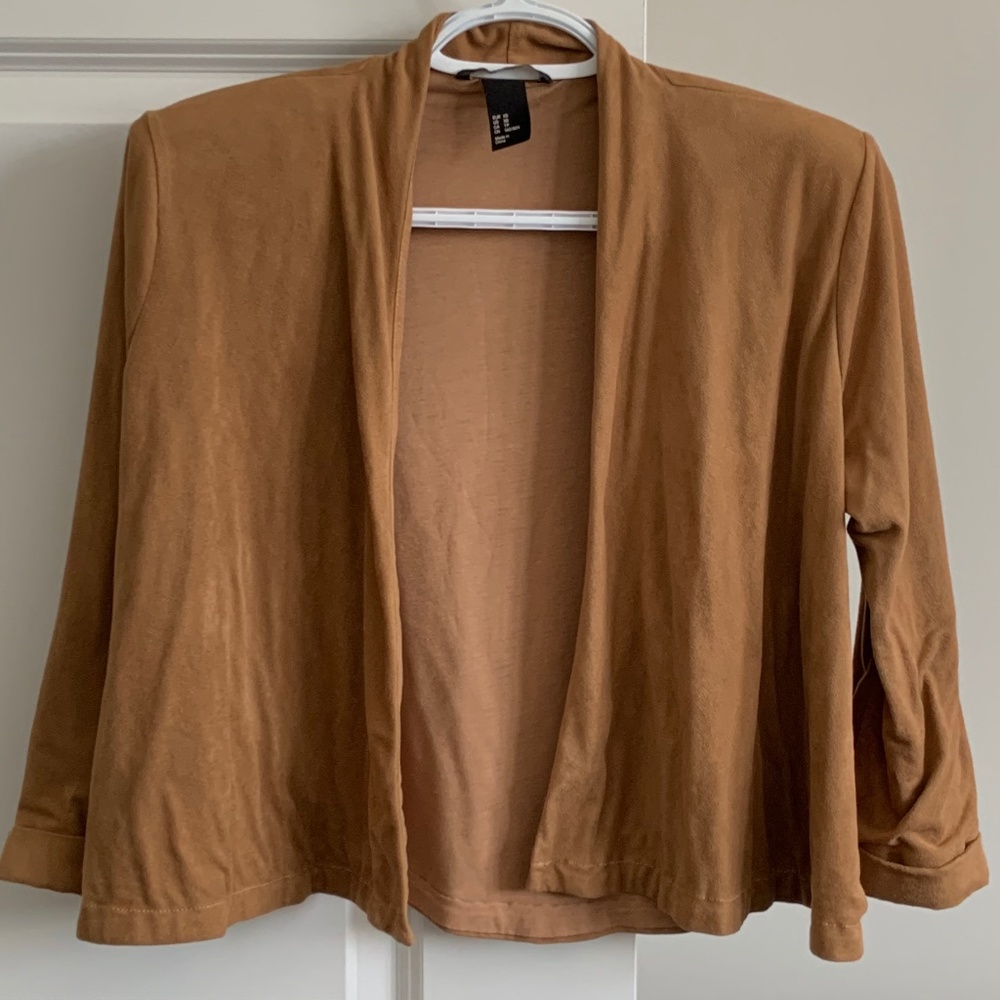 H&M Tan Brown Faux Suede Open Front Collarless Blazer